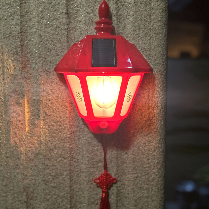 Traditional Chinese ABS Iron Fu Character Cone 1-Light Solar Wall Sconce Lamp For Outdoor
