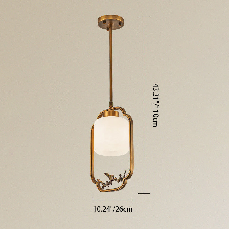 Traditionelle chinesische Messing-Glas-Alabaster-zylindrische Vogel-1-Licht-Pendelleuchte für das Wohnzimmer 