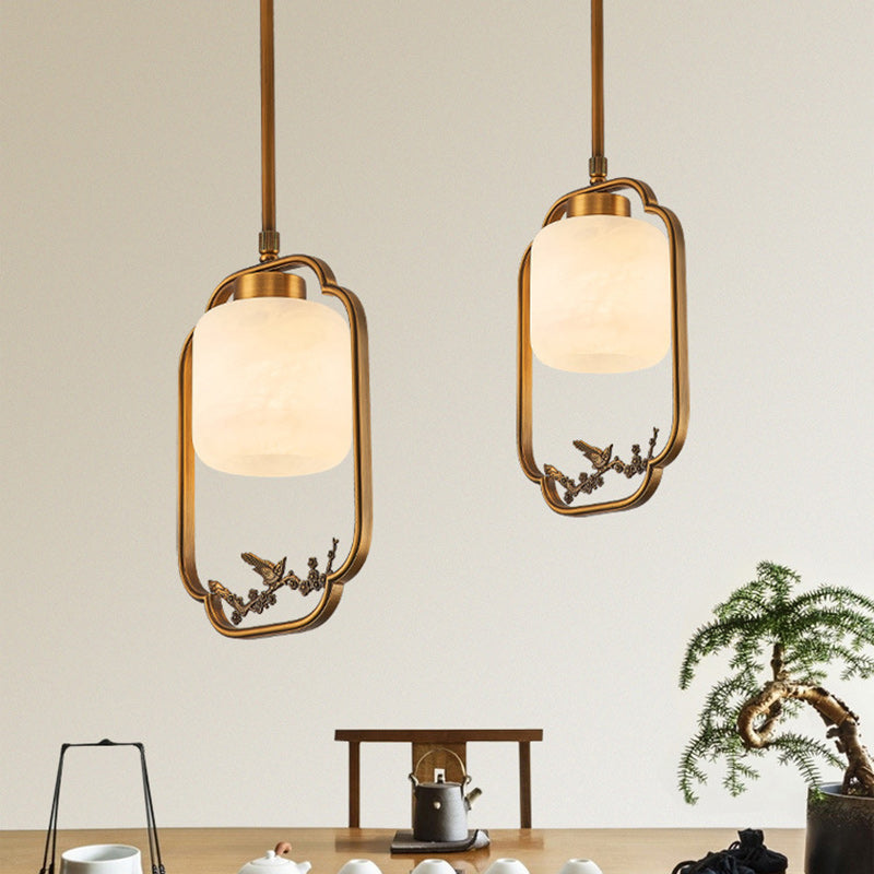 Traditionelle chinesische Messing-Glas-Alabaster-zylindrische Vogel-1-Licht-Pendelleuchte für das Wohnzimmer 