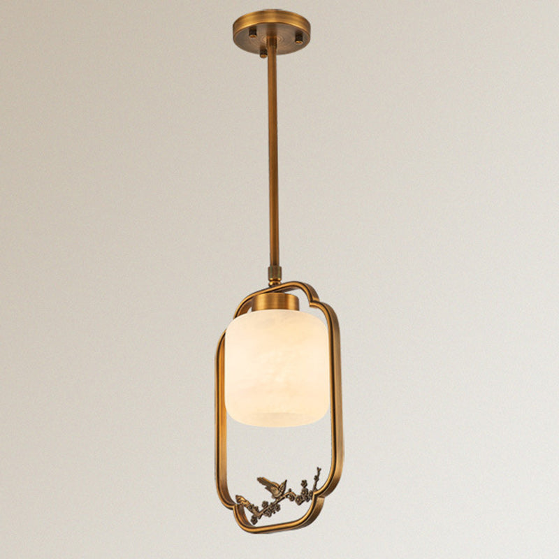 Traditionelle chinesische Messing-Glas-Alabaster-zylindrische Vogel-1-Licht-Pendelleuchte für das Wohnzimmer 