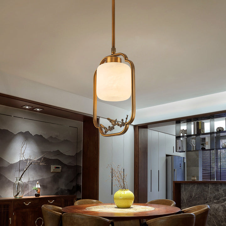 Traditionelle chinesische Messing-Glas-Alabaster-zylindrische Vogel-1-Licht-Pendelleuchte für das Wohnzimmer 