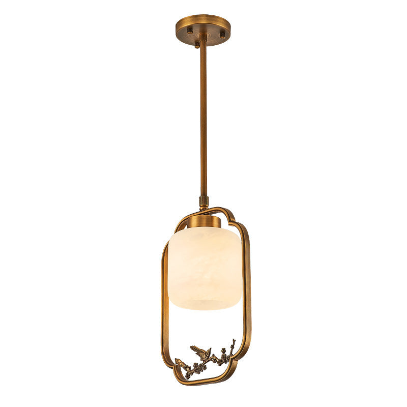 Traditionelle chinesische Messing-Glas-Alabaster-zylindrische Vogel-1-Licht-Pendelleuchte für das Wohnzimmer 