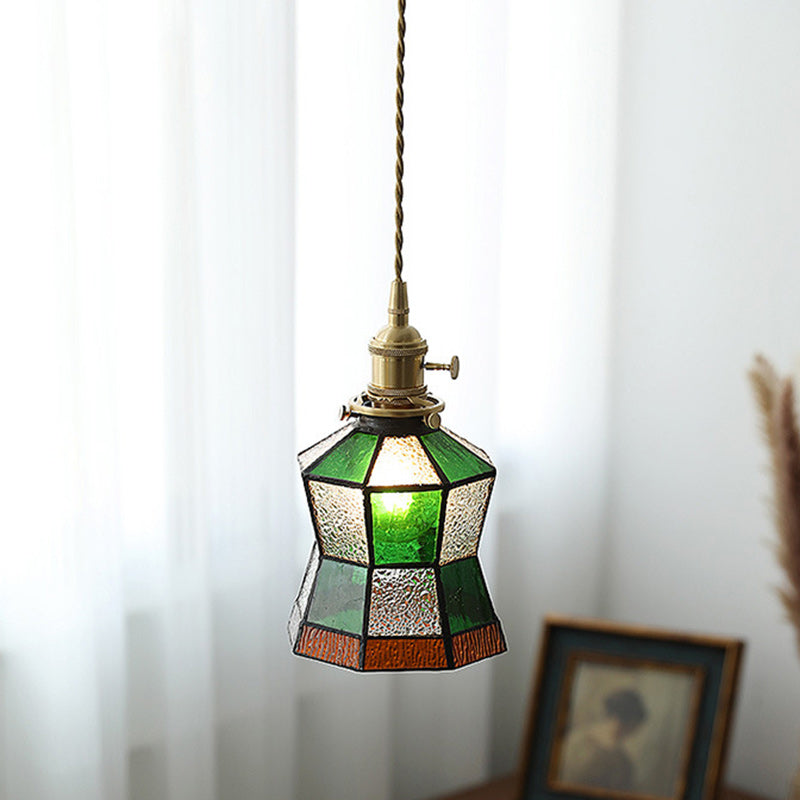 Lustre suspendu hexagonal en laiton traditionnel vintage avec verre et une lumière pour salon 