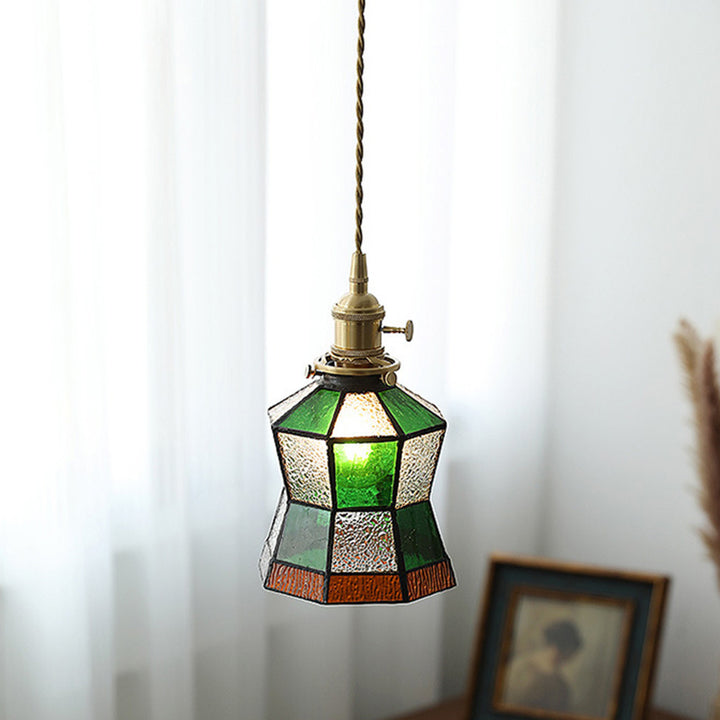 Lustre suspendu hexagonal en laiton traditionnel vintage avec verre et une lumière pour salon 