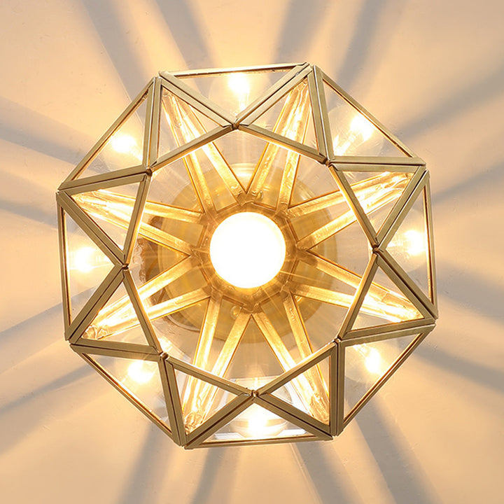 Contemporary Scandinavian Brass Glass Geometric Round 1-Light Semi-Flush Mount Ceiling Light For Living Room