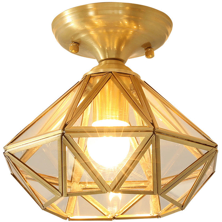 Contemporary Scandinavian Brass Glass Geometric Round 1-Light Semi-Flush Mount Ceiling Light For Living Room