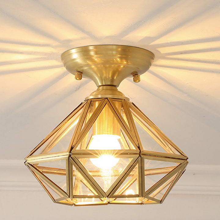 Contemporary Scandinavian Brass Glass Geometric Round 1-Light Semi-Flush Mount Ceiling Light For Living Room