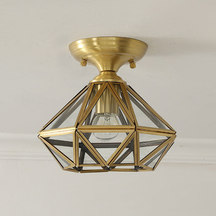 Contemporary Scandinavian Brass Glass Geometric Round 1-Light Semi-Flush Mount Ceiling Light For Living Room