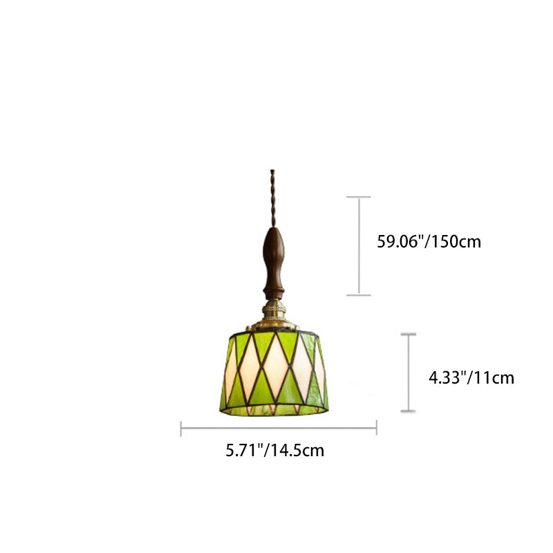 Lámpara colgante tradicional de latón, vidrio y madera con celosía redonda de 1 luz para dormitorio y sala de estar 