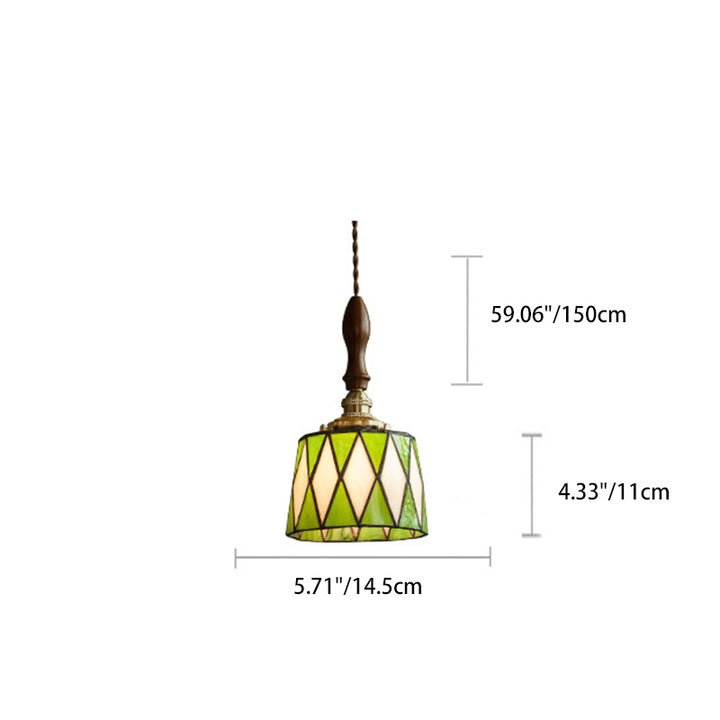 Lámpara colgante tradicional de latón, vidrio y madera con celosía redonda de 1 luz para dormitorio y sala de estar 
