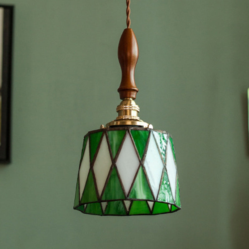Lámpara colgante tradicional de latón, vidrio y madera con celosía redonda de 1 luz para dormitorio y sala de estar 