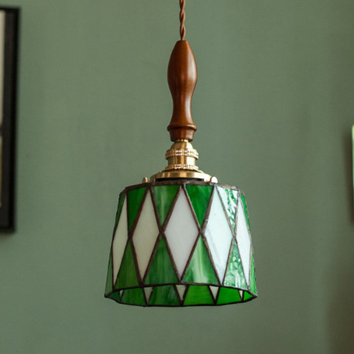 Lámpara colgante tradicional de latón, vidrio y madera con celosía redonda de 1 luz para dormitorio y sala de estar 