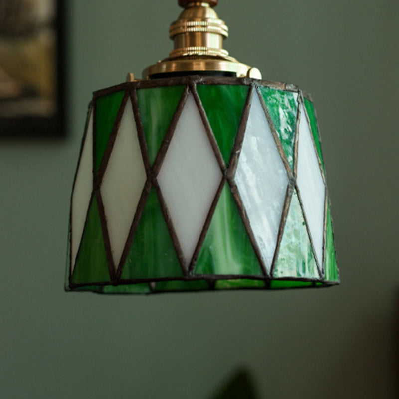 Lámpara colgante tradicional de latón, vidrio y madera con celosía redonda de 1 luz para dormitorio y sala de estar 