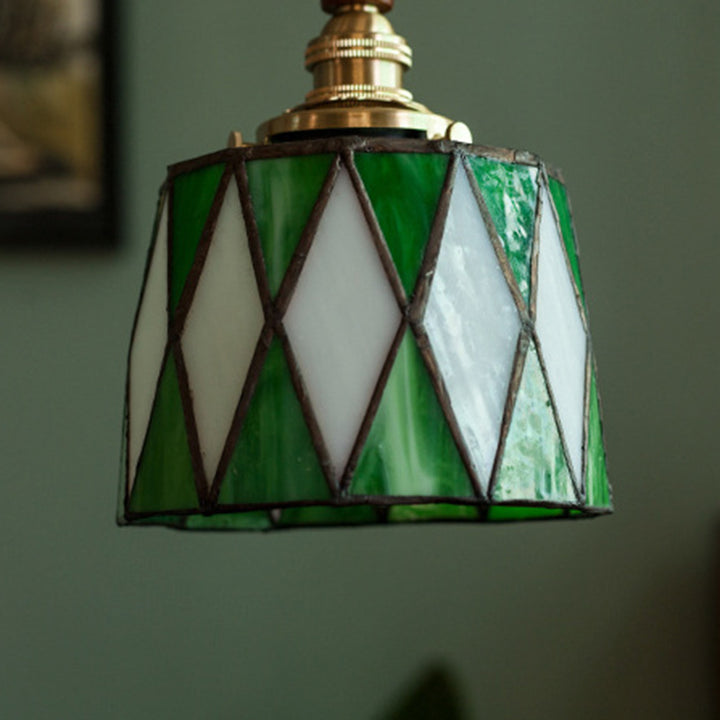 Lámpara colgante tradicional de latón, vidrio y madera con celosía redonda de 1 luz para dormitorio y sala de estar 