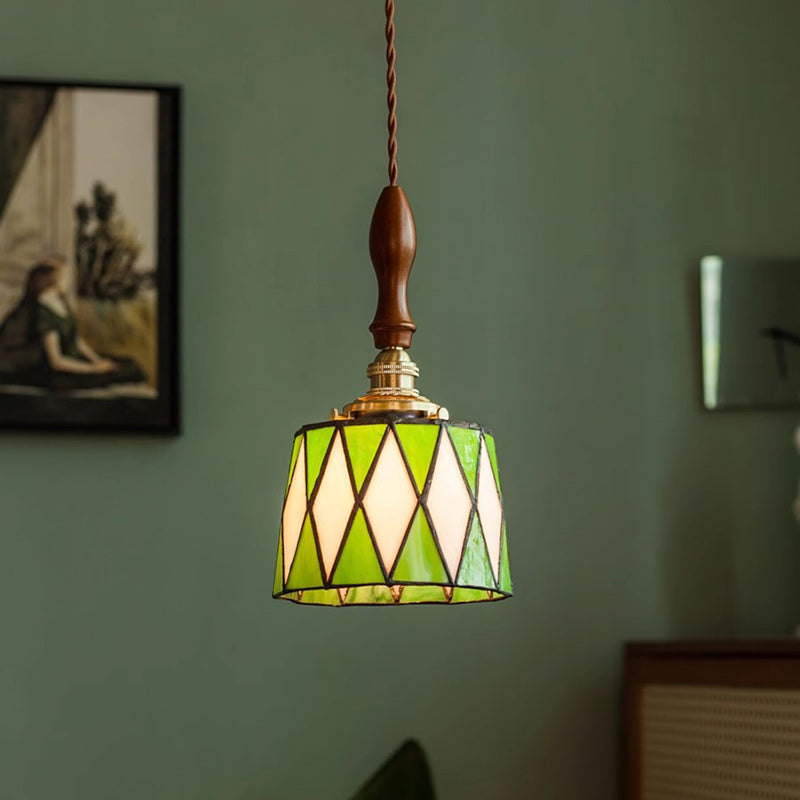 Lámpara colgante tradicional de latón, vidrio y madera con celosía redonda de 1 luz para dormitorio y sala de estar 