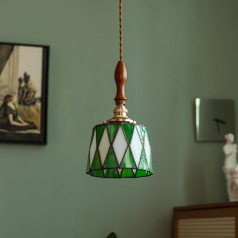 Lámpara colgante tradicional de latón, vidrio y madera con celosía redonda de 1 luz para dormitorio y sala de estar 