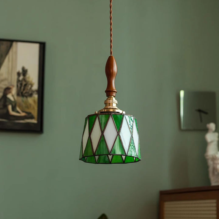 Lámpara colgante tradicional de latón, vidrio y madera con celosía redonda de 1 luz para dormitorio y sala de estar 