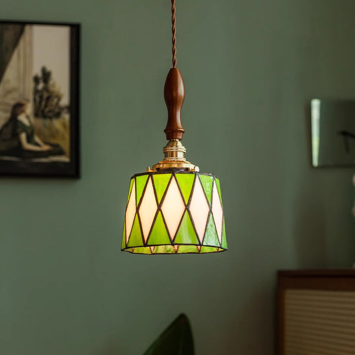 Lámpara colgante tradicional de latón, vidrio y madera con celosía redonda de 1 luz para dormitorio y sala de estar 