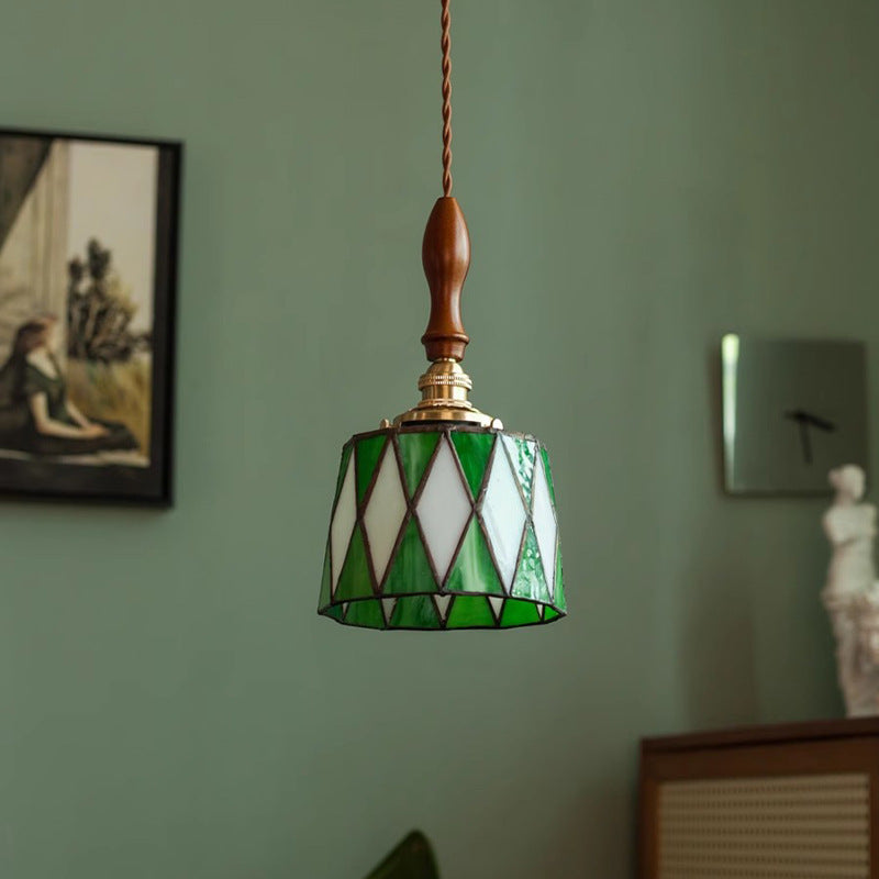 Lámpara colgante tradicional de latón, vidrio y madera con celosía redonda de 1 luz para dormitorio y sala de estar 