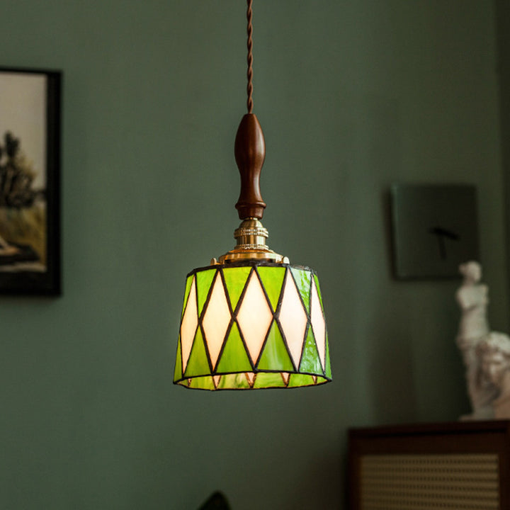 Lámpara colgante tradicional de latón, vidrio y madera con celosía redonda de 1 luz para dormitorio y sala de estar 