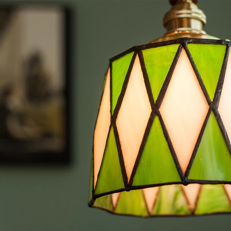 Lámpara colgante tradicional de latón, vidrio y madera con celosía redonda de 1 luz para dormitorio y sala de estar 