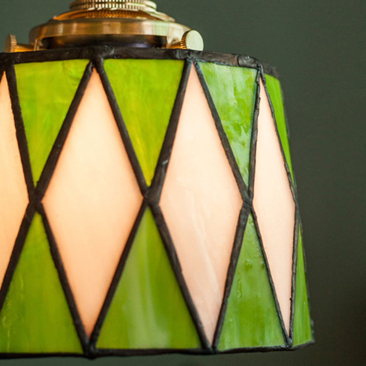 Lámpara colgante tradicional de latón, vidrio y madera con celosía redonda de 1 luz para dormitorio y sala de estar 