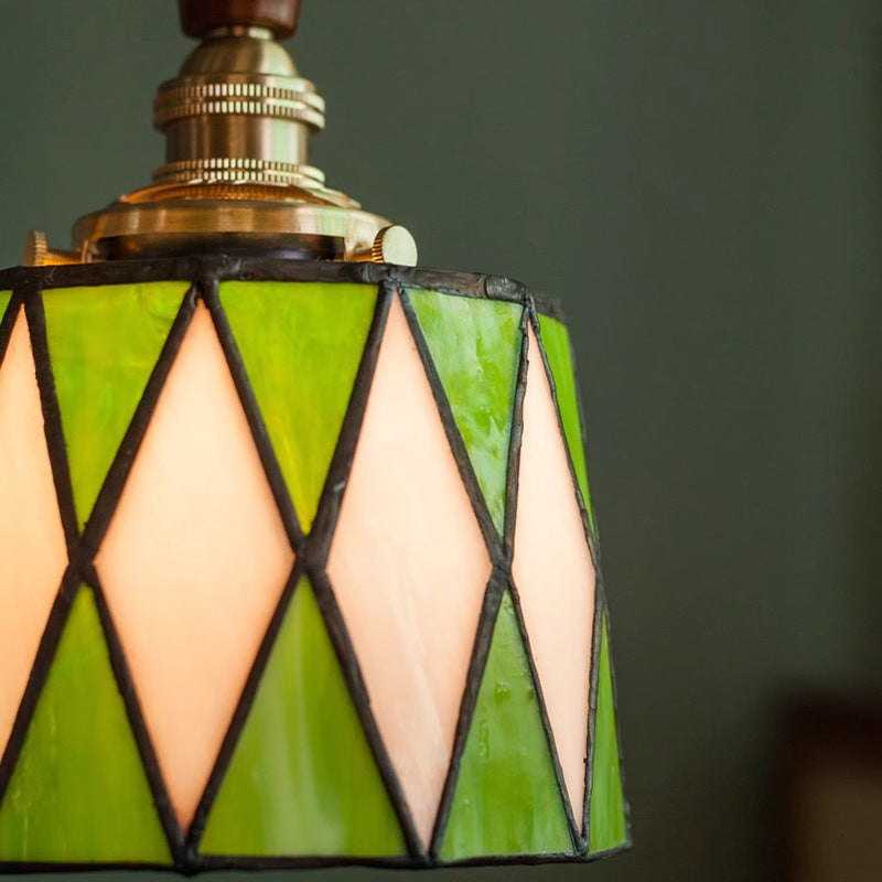 Lámpara colgante tradicional de latón, vidrio y madera con celosía redonda de 1 luz para dormitorio y sala de estar 