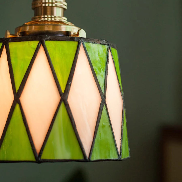 Lámpara colgante tradicional de latón, vidrio y madera con celosía redonda de 1 luz para dormitorio y sala de estar 