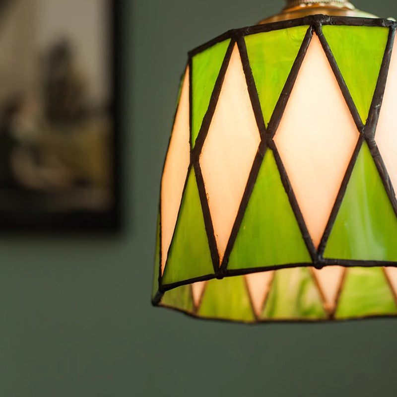 Lámpara colgante tradicional de latón, vidrio y madera con celosía redonda de 1 luz para dormitorio y sala de estar 