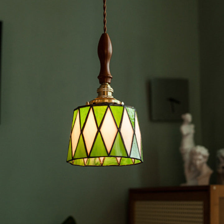 Lámpara colgante tradicional de latón, vidrio y madera con celosía redonda de 1 luz para dormitorio y sala de estar 
