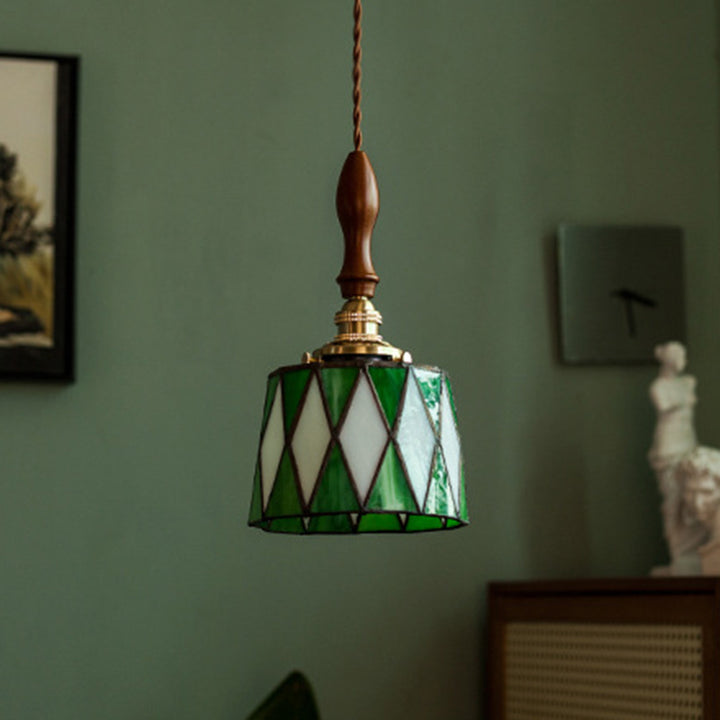 Lámpara colgante tradicional de latón, vidrio y madera con celosía redonda de 1 luz para dormitorio y sala de estar 
