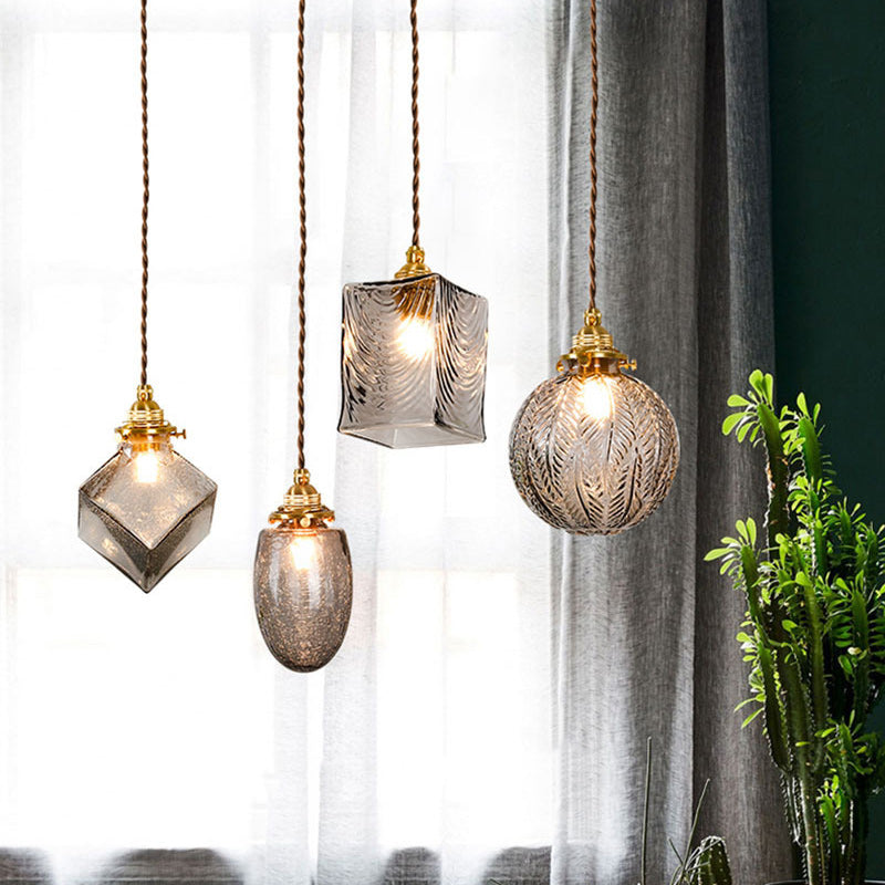 Traditional Japanese Brass Glass Bullet Square Round 1-Light Pendant Light For Bedroom