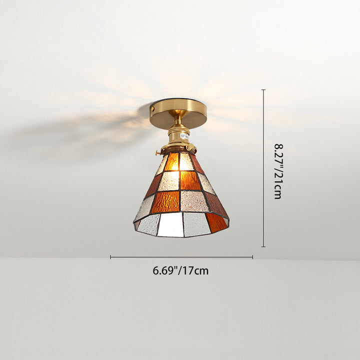 Traditionelle japanische Messing-Glas-Kegel-Quadrat 1-Licht-Halbeinbau-Deckenleuchte für Wohnzimmer 