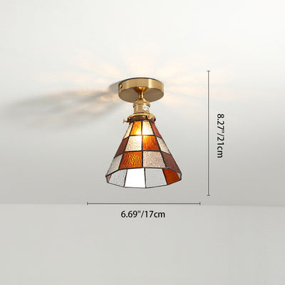 Traditionelle japanische Messing-Glas-Kegel-Quadrat 1-Licht-Halbeinbau-Deckenleuchte für Wohnzimmer 