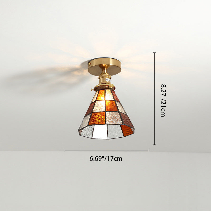 Traditionelle japanische Messing-Glas-Kegel-Quadrat 1-Licht-Halbeinbau-Deckenleuchte für Wohnzimmer 