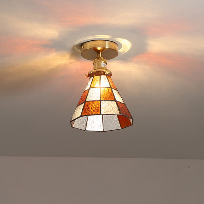 Traditionelle japanische Messing-Glas-Kegel-Quadrat 1-Licht-Halbeinbau-Deckenleuchte für Wohnzimmer 