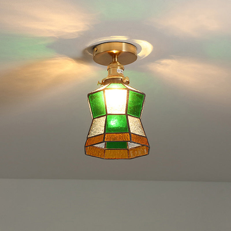 Traditionelle japanische Messing-Glas-Kegel-Quadrat 1-Licht-Halbeinbau-Deckenleuchte für Wohnzimmer 