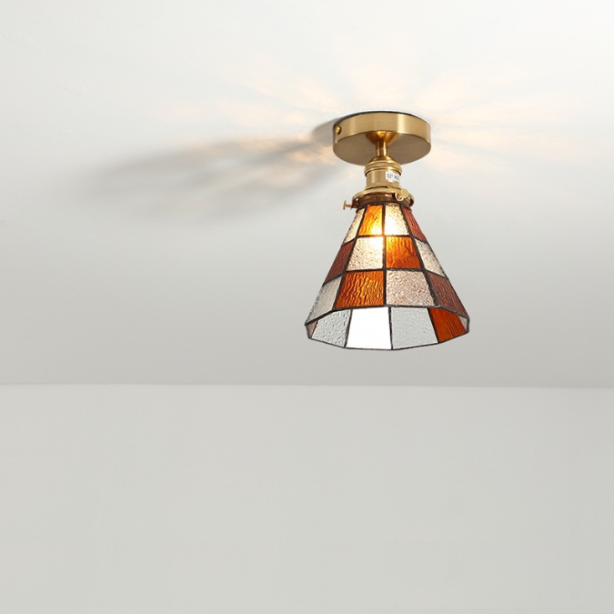 Traditionelle japanische Messing-Glas-Kegel-Quadrat 1-Licht-Halbeinbau-Deckenleuchte für Wohnzimmer 