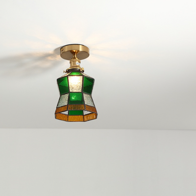 Traditionelle japanische Messing-Glas-Kegel-Quadrat 1-Licht-Halbeinbau-Deckenleuchte für Wohnzimmer 