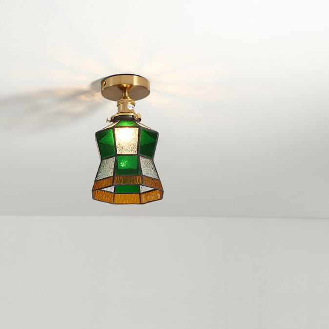 Traditionelle japanische Messing-Glas-Kegel-Quadrat 1-Licht-Halbeinbau-Deckenleuchte für Wohnzimmer 