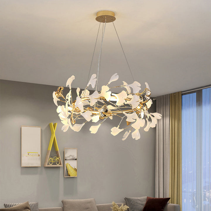Zeitgenössischer kreativer Acryl-Aluminium-Ginkgo-Zweig 10/12/15-Licht-Kronleuchter für das Schlafzimmer 