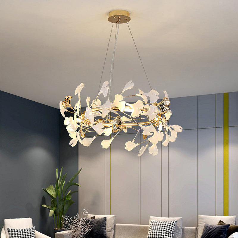 Zeitgenössischer kreativer Acryl-Aluminium-Ginkgo-Zweig 10/12/15-Licht-Kronleuchter für das Schlafzimmer 