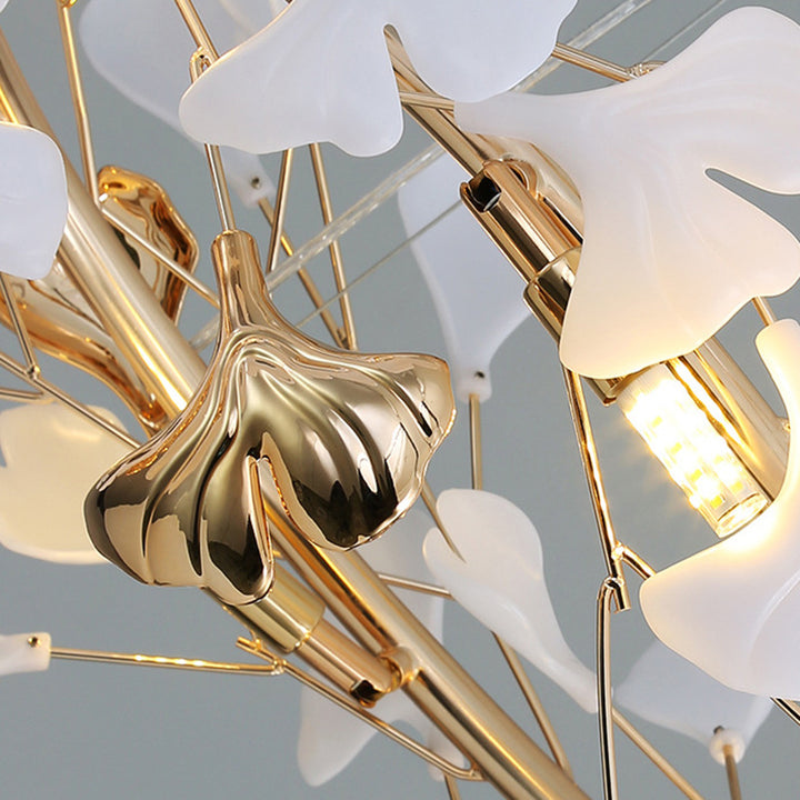 Zeitgenössischer kreativer Acryl-Aluminium-Ginkgo-Zweig 10/12/15-Licht-Kronleuchter für das Schlafzimmer 