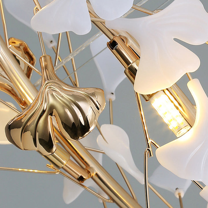 Zeitgenössischer kreativer Acryl-Aluminium-Ginkgo-Zweig 10/12/15-Licht-Kronleuchter für das Schlafzimmer 