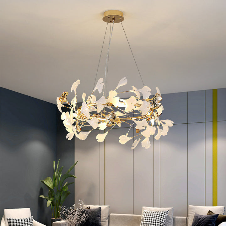 Zeitgenössischer kreativer Acryl-Aluminium-Ginkgo-Zweig 10/12/15-Licht-Kronleuchter für das Schlafzimmer 