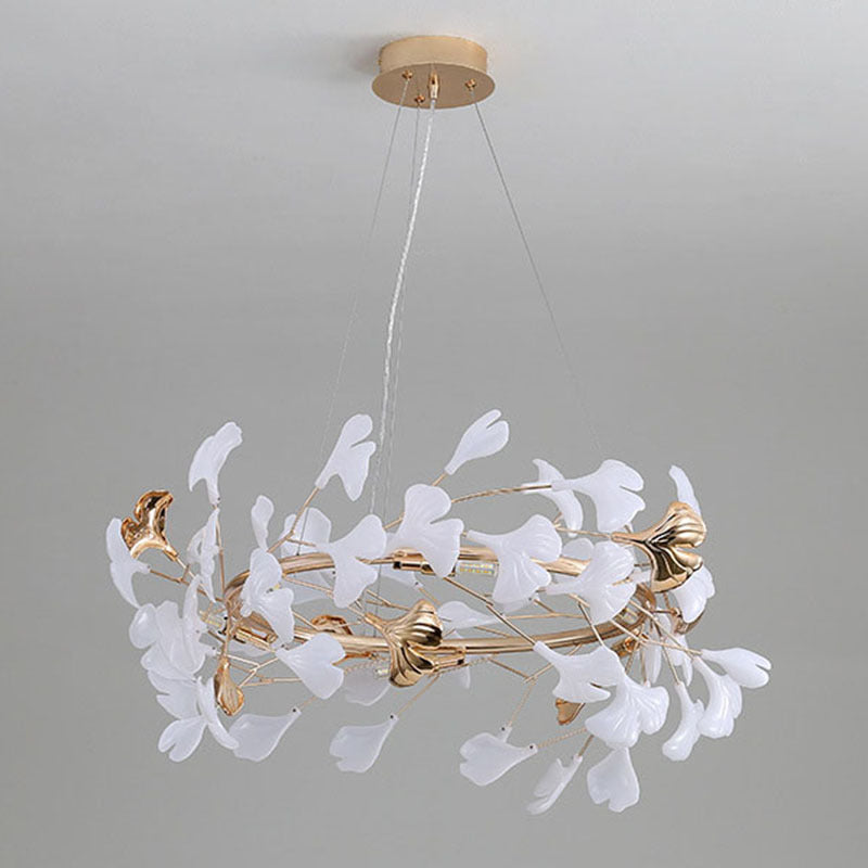 Zeitgenössischer kreativer Acryl-Aluminium-Ginkgo-Zweig 10/12/15-Licht-Kronleuchter für das Schlafzimmer 