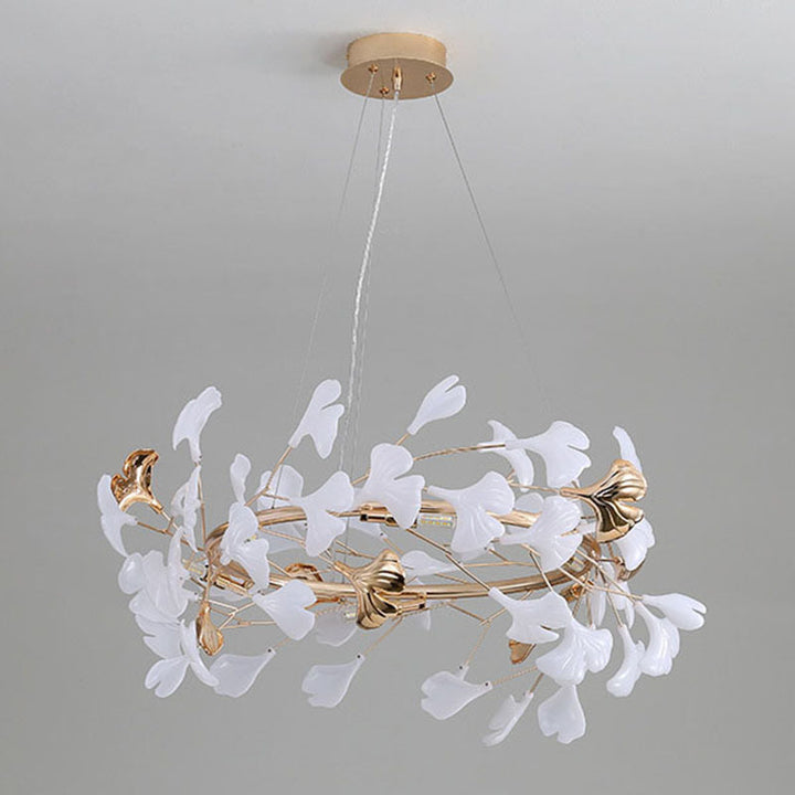 Zeitgenössischer kreativer Acryl-Aluminium-Ginkgo-Zweig 10/12/15-Licht-Kronleuchter für das Schlafzimmer 