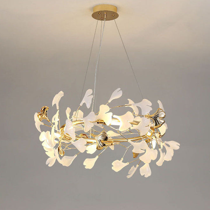 Zeitgenössischer kreativer Acryl-Aluminium-Ginkgo-Zweig 10/12/15-Licht-Kronleuchter für das Schlafzimmer 