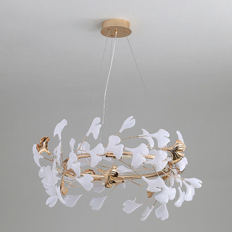 Zeitgenössischer kreativer Acryl-Aluminium-Ginkgo-Zweig 10/12/15-Licht-Kronleuchter für das Schlafzimmer 