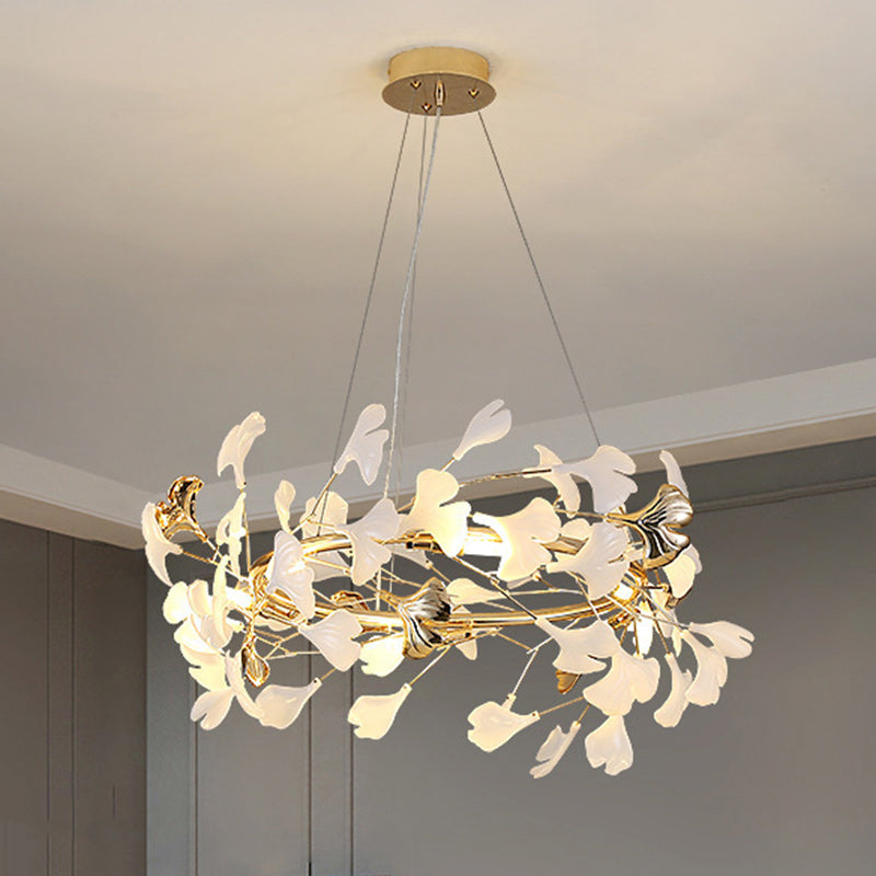 Zeitgenössischer kreativer Acryl-Aluminium-Ginkgo-Zweig 10/12/15-Licht-Kronleuchter für das Schlafzimmer 